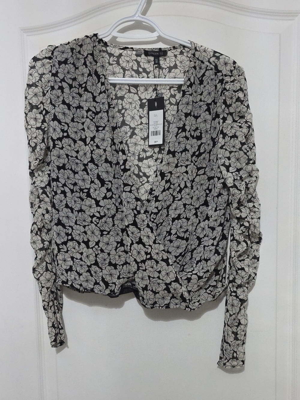 Dynamite Black and White Floral Wrap Blouse